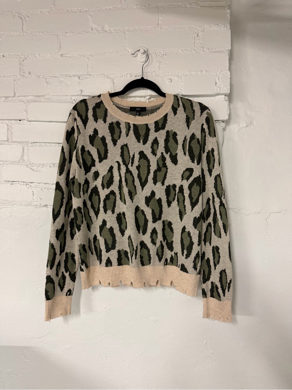 Fate Beige Crewneck Sweater with Olive Leopard Print